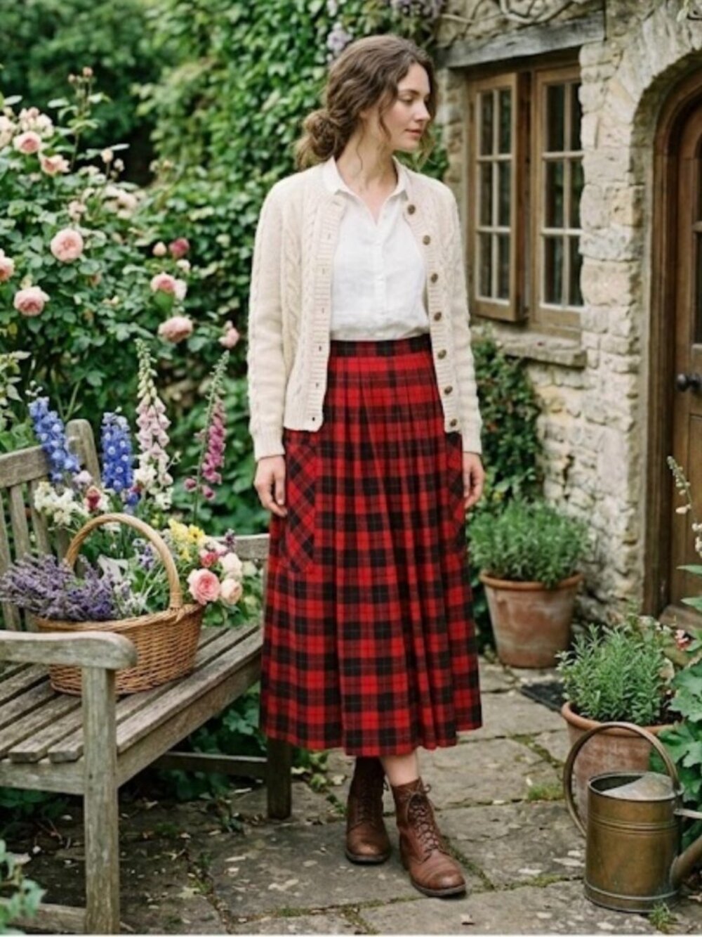 Vintage Lands'End Women's Red Black Plaid Cotton Flannel Pleated Midi Skirt Sz 6